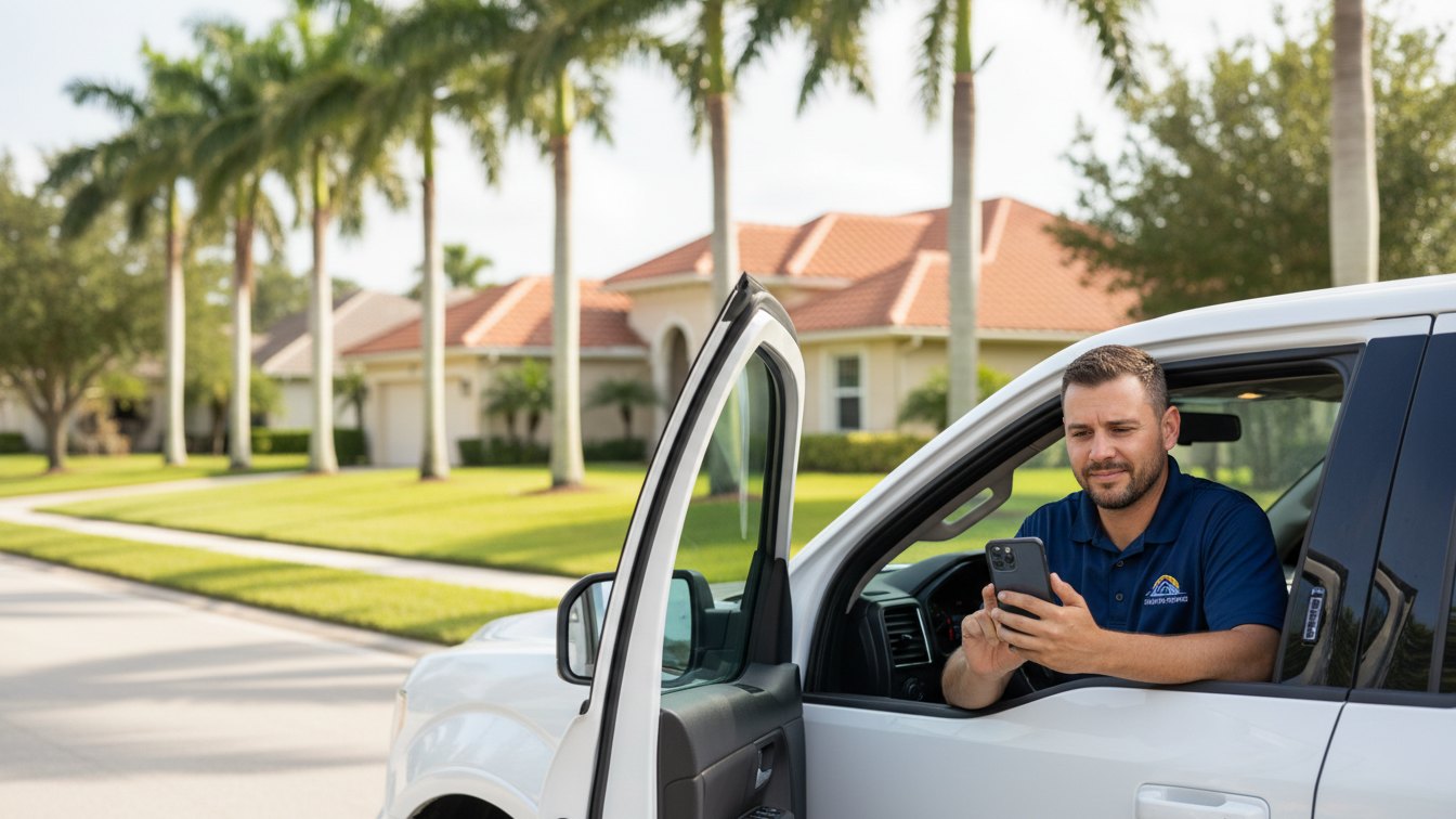 Roofer leaning on his work truck checking a quiet phone for missed calls