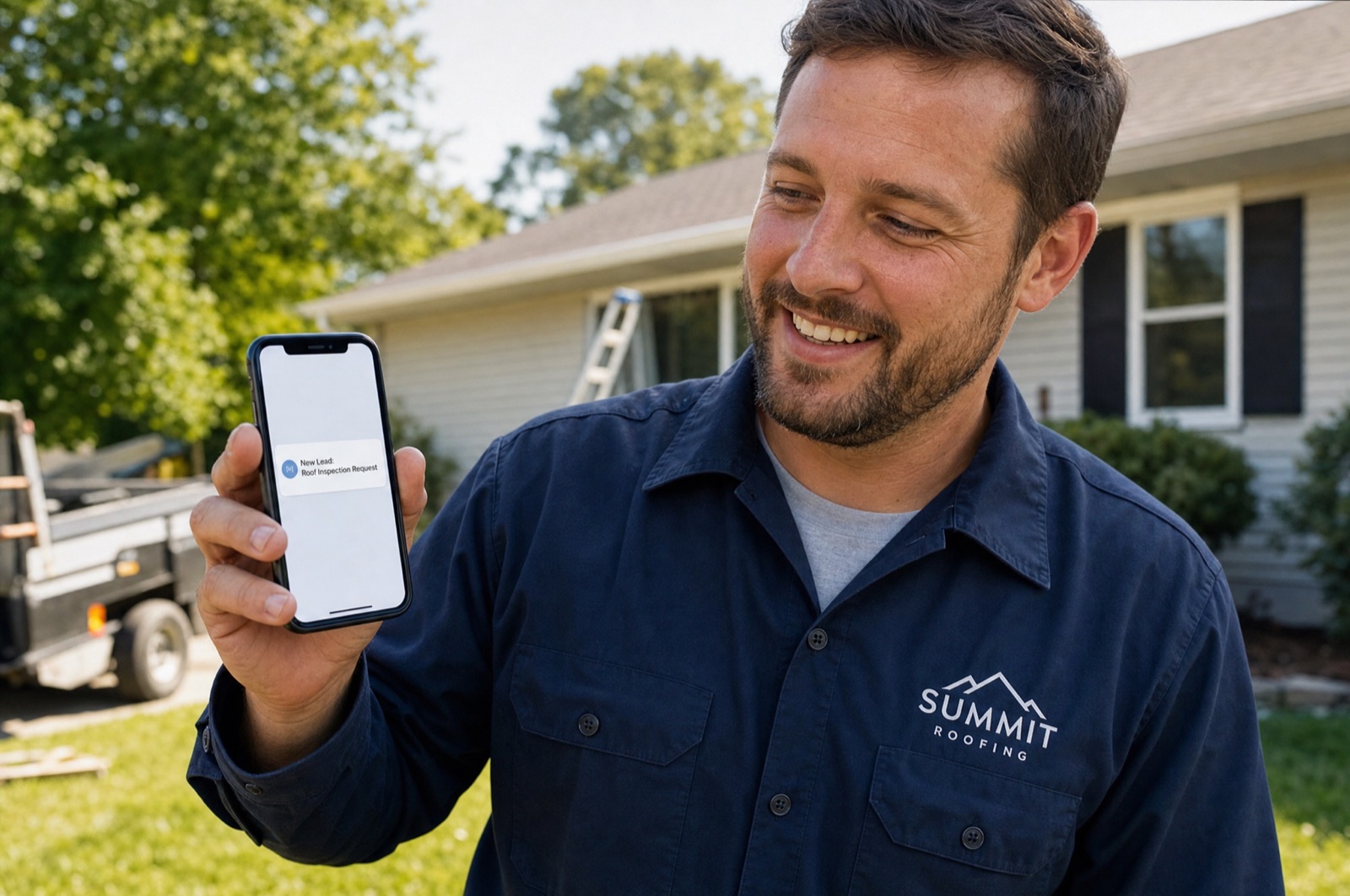 Smiling roofing contractor in a front yard reading a new roof inspection lead on his phone