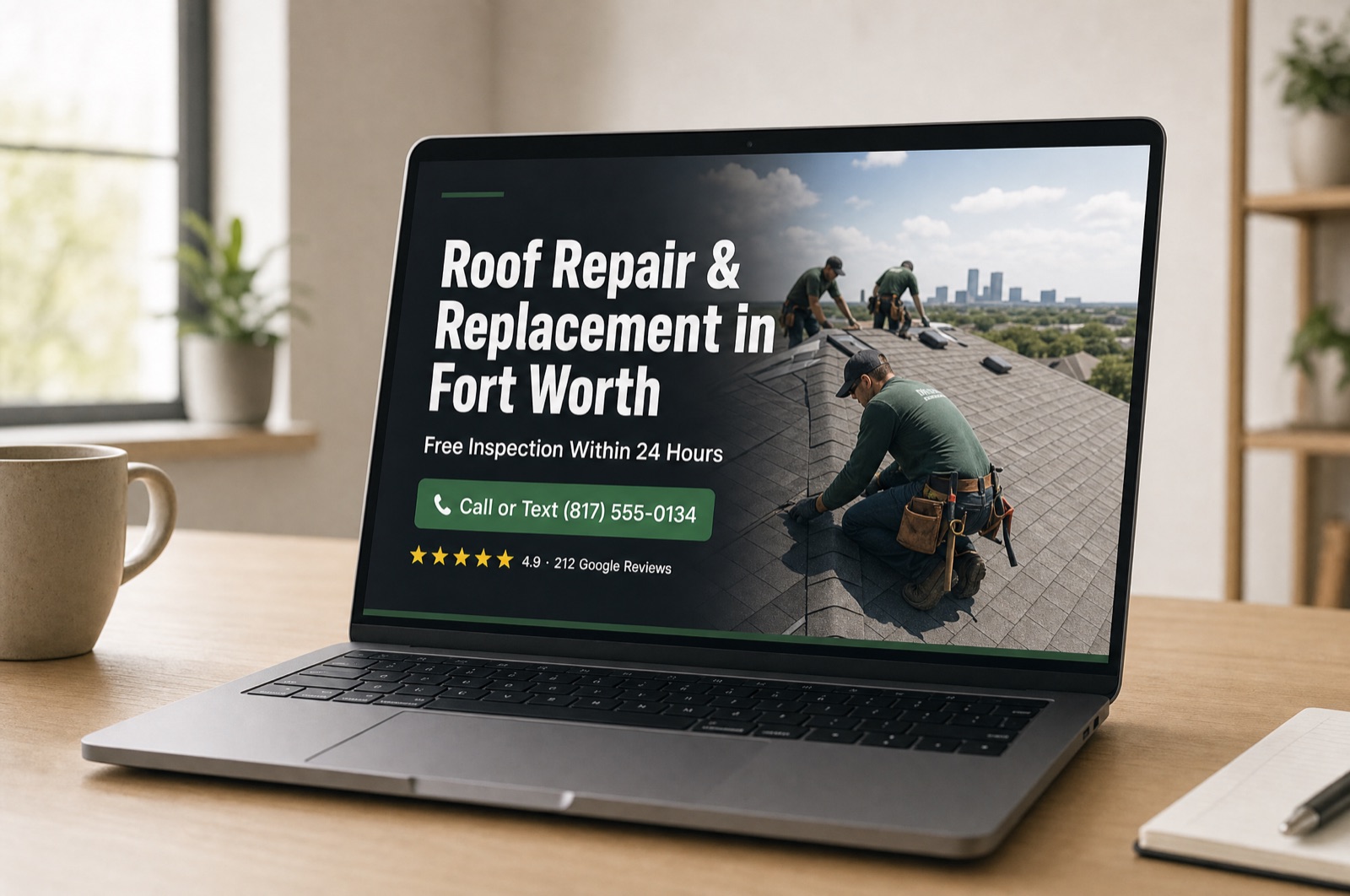 Laptop showing a high-converting roofing website hero section with call and review elements