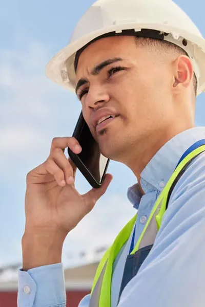Contractor in a hard hat catching up on a phone call on the job site