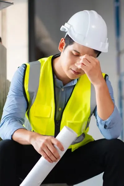 Tired contractor sitting with rolled blueprints, head in hand