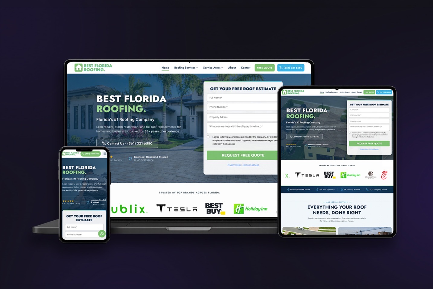 Best Florida Roofing website built by Fun Systems, shown on laptop, tablet and phone
