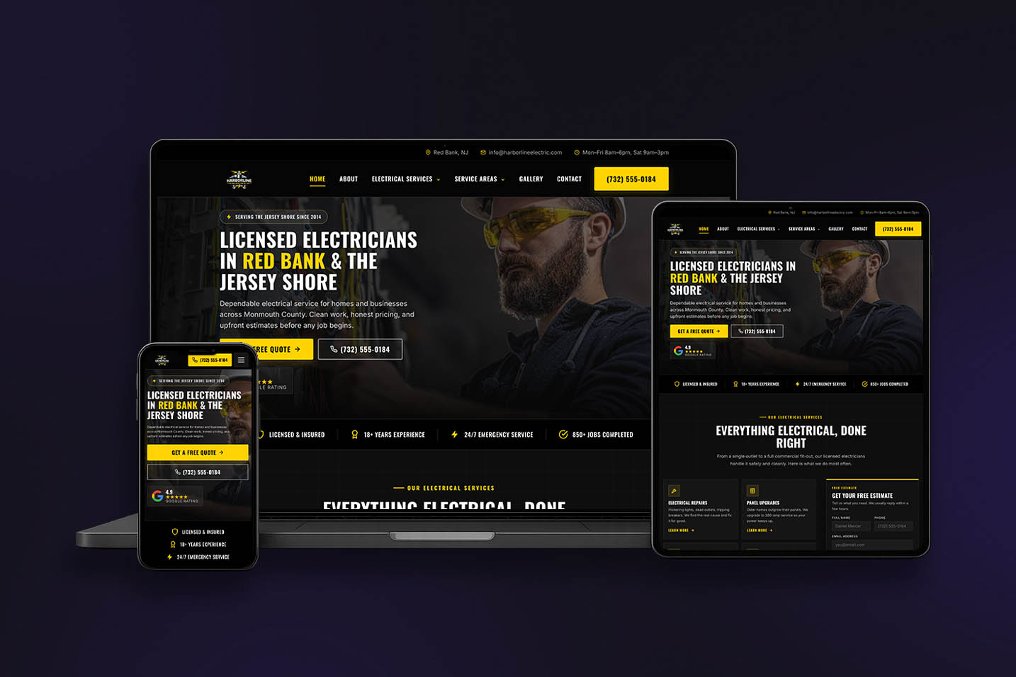 Harborline Electric website built by Fun Systems, shown on laptop, tablet and phone