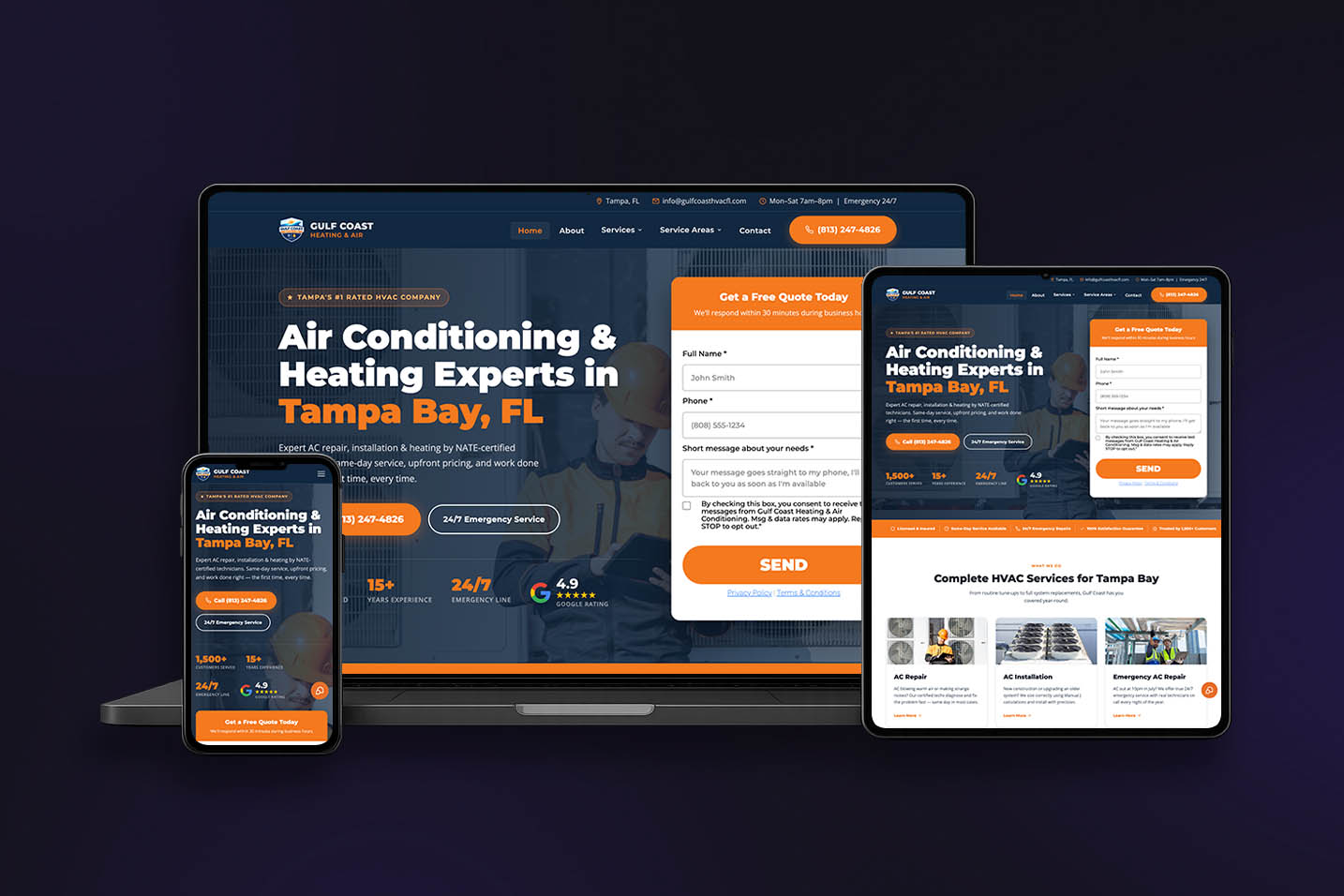 Gulf Coast Heating & Air HVAC website built by Fun Systems, shown on laptop, tablet and phone