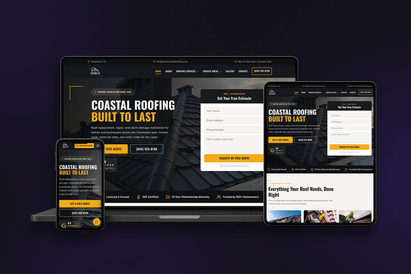 Atlantic Shield Roofing Co. website built by Fun Systems, shown on laptop, tablet and phone