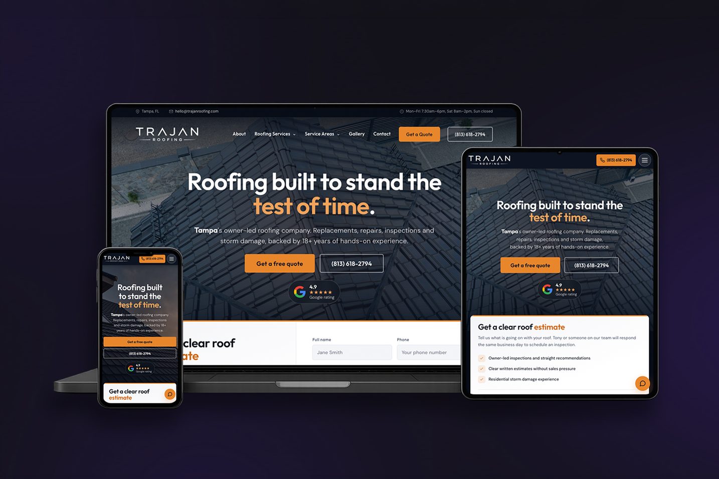 Trajan Roofing website built by Fun Systems, shown on laptop, tablet and phone